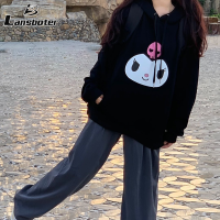 Lansboter เสื้อฮู้ดแฟชั่นของผู้ชายน่ารักลายการ์ตูน Kuromi,เสื้อแขนยาวผ้ากำมะหยี่สำหรับฤดูหนาวสามารถสวมใส่ได้ทั้งผู้ชายและผู้หญิงหลวมและใส่สบาย