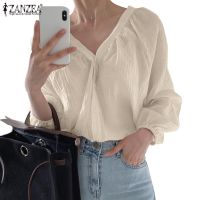 ZANZEA Women Long Puff Sleeve Elastic Cuffs V Neck Fashion OL Blouse