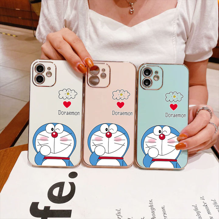 ggk-สำหรับ-oppo-a58-4g-ฟรีสายคล้องน่ารักลายการ์ตูน-doraemn-ขอบสี่เหลี่ยมชุบเคสโทรศัพท์หรูหราชุบเคสโทรศัพท์นิ่ม