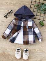 Autumn/Winter English Style Boys Navy Blue Plaid Woolen Jacket Casual Fashion Street Hooded Coat Warm Handsome Buttons