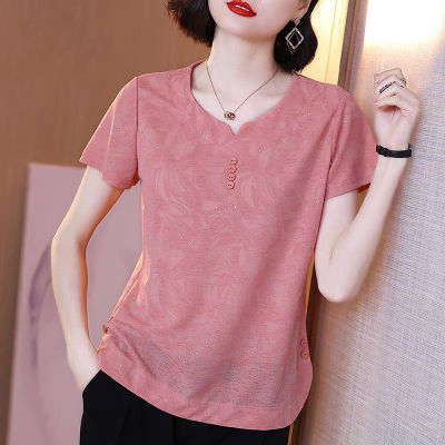 Short-sleeved Womens Shirt New Summer Korean Version Sequins T-shirts Fashion V-neck Large Size Casual Shirt Women