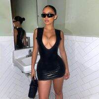 H amp;JACKY Sexy PU Leather Sheath Pencil Dress Party Club Nightwear Women Sleeveless Deep V neck Mini Dress Streetwear Vestidos