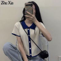 Zhu Xia เสื้อยืดสำหรับเสื้อโปโลผู้หญิงคอปกเสื้อยืดเอวลอยถักผ้าไหมน้ำแข็ง