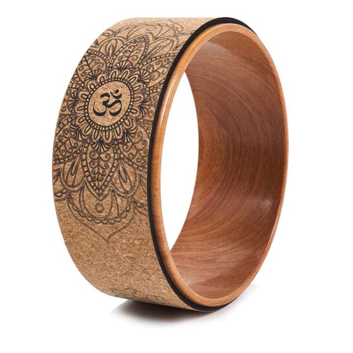 cork-yoga-wheel-for-yoga-poses-and-backbends-inversions-wood-effect-and-mandala-print-dharma-yoga-prop-wheel