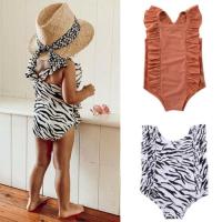 【JH】 2021 newest arrival Toddler Baby Swimsuit Ruffle Color/Zebra Print Sleeveless Swimwear