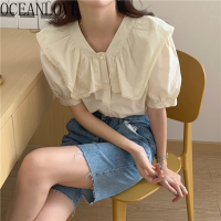 OCEANLOVE Korean Chic Shirt Women Summer Sweet Peter Pan Collar Puff Sleeve Single Breasted Loose Tops Tender All-match Blouse