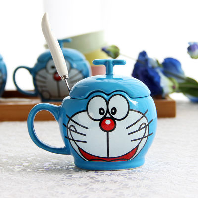 Vip Couple Ceramic Mug with Lid and Spoon Simple Cartoon Doraemon Mug Coffee Cup Breakfast Children Birthday Gift Cup