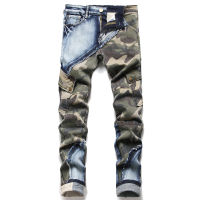 2022 original design nd men jeans Men slim stretch zipper straight camouflage jeans pants green blue stripe jeans for men