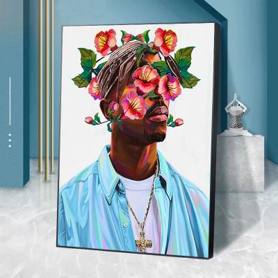 Hip Hop Star โปสเตอร์และพิมพ์บทคัดย่อ Art ดอกไม้ Rapper King Tupac ภาพวาดผ้าใบรูปภาพวาด-Perfect Home ตกแต่ง Picture