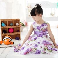 Chic Girls Princess Wedding Party Purple Flower Bow Gown Full Dresses