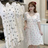 【 WYIN kitchen】 【 WYIN kitchen】Summer Women Short Sleeve Cotton Nightgown V Neck Bow Sleepwear Floral Print Nightdress Female Home Nightwear with Bra Pads