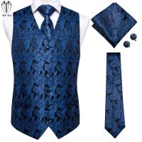 Designer Silk Mens Suit Vests Necktie Hanky Cufflinks Set Black Red Blue Gold Slim Fit Male Waistcoat Formal Business Waist Vest