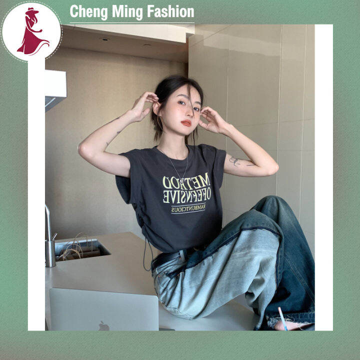 cheng-เสื้อยืดแขนสั้นผู้หญิง-เสื้อครอปทรงหลวมผูกเชือกแฟนซีฉบับภาษาเกาหลีฤดูร้อนสไตล์ใหม่