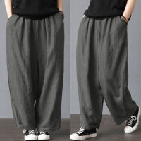 Cotton Linen Wide Leg Pants Men Solid Color Straight Casual Long Pants with Pockets Male Loose Elastic Waist Trousers Plus Size