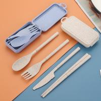 4PCS/Set Spoon Fork Chopsticks Set Portable Straw Wheat Dinnerware Lunch Tableware Detachable Cutlery Travel Kitchen Accessorie Flatware Sets