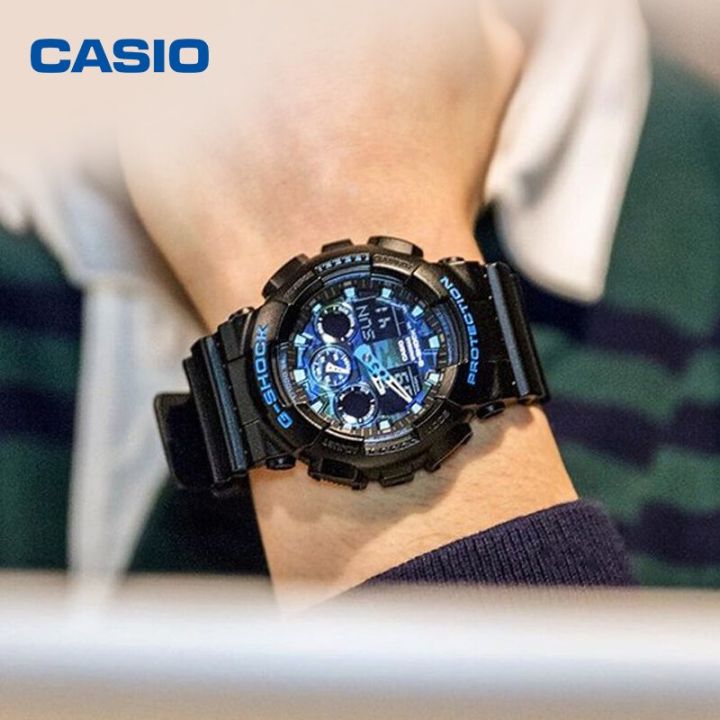 นาฬิกา-casio-g-shock-รุ่น-ga-100cb-1adr-นาฬิกาผู้ชายสายเรซิน-สีดำ-หน้าปัดสีน้ำเงิน-สินค้าของใหม่