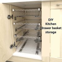 DIY Cupboard Drawer Basket Kitchen Storage Shelf Organizer Sliding Cabinet Basket Pull Out Metal Drawer Type Mesh Basket Cleaning Tools