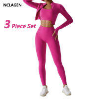 NCLAGEN ผู้หญิง Sportwear 3ชิ้นชุดโยคะเสื้อด้านบนกางเกง Leggings กีฬา Scrunch กางเกงขาสั้นยิมออกกำลังกายเสื้อผ้าชุดออกกำลังกาย...