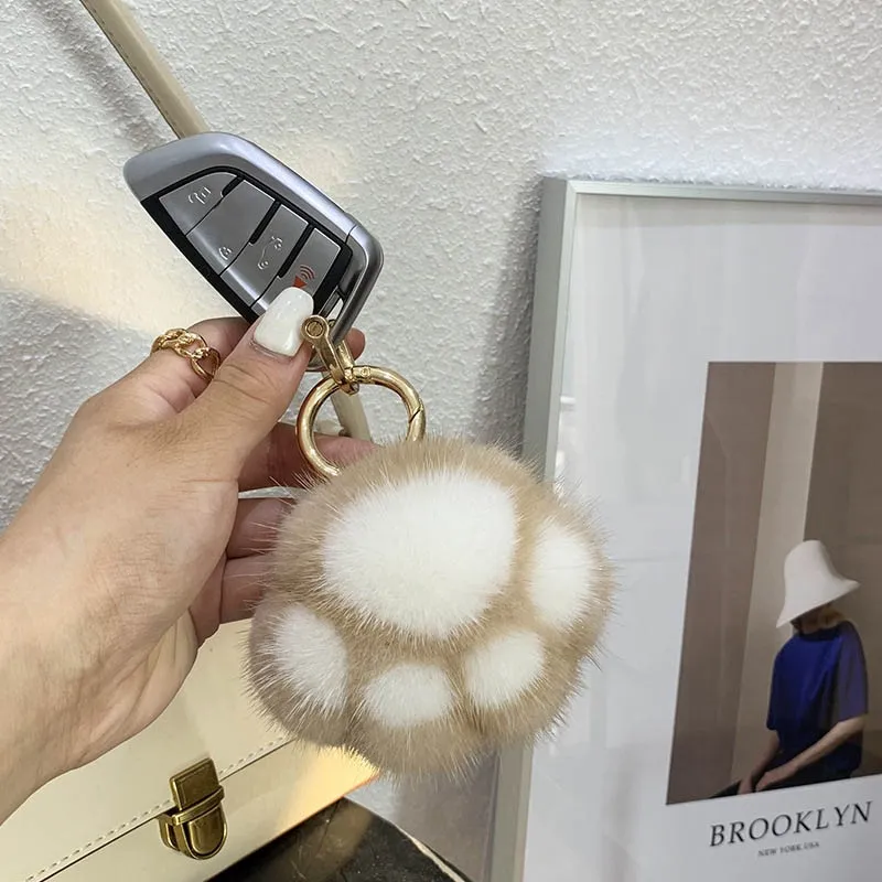 Women New Cat Claw Faux Fur Key Chain Charm Fashion Plush Bear paw