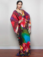 2022 Print Maxi Dress Batwing Sleeve Tunic Spring Autumn Beach Dress Casual Plus Size Women Beachwear Kaftan Cover-ups Q1289