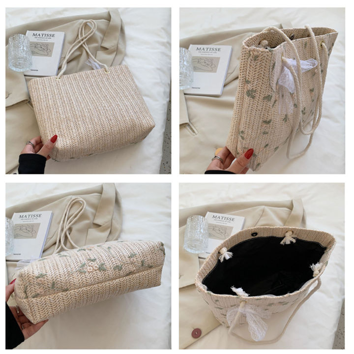 กระเป๋าถือประดับรูปโบว์ผู้หญิง-easybuy88สดชื่นกระเป๋าสะพายไหล่ฟางแบบทอหรูหราสำหรับออกเดทกับฟรีไซส์สีขาว