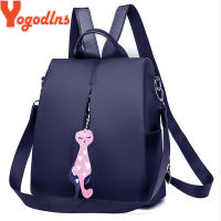 Yogodlns Women Backpack 2022 Fashion Oxford Bag Solid Color Travel Backpack Ladies Small Backpack With Cat Pendant