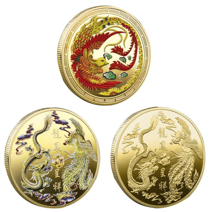 chinese-golden-silver-dragon-coins-lucky-phoenix-commemorative-gold-coin-embossed-collectible-medal-souvenirs-gifts