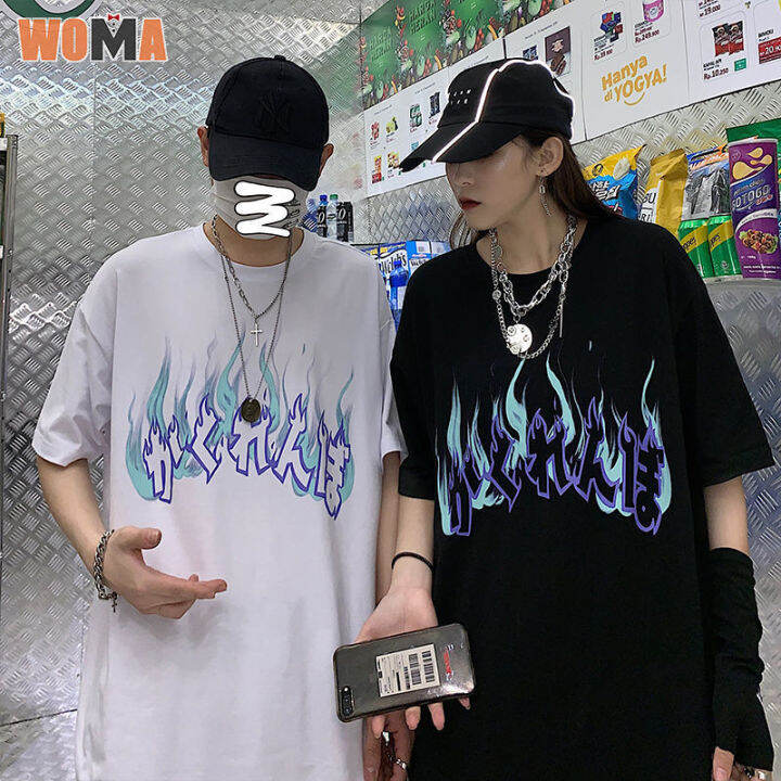 woma-เสื้อยืดผู้ชาย-เสื้อยืดแขนสั้นรอบคอหลวม-ins-เปลวไฟเสื้อคู่แฟชั่น