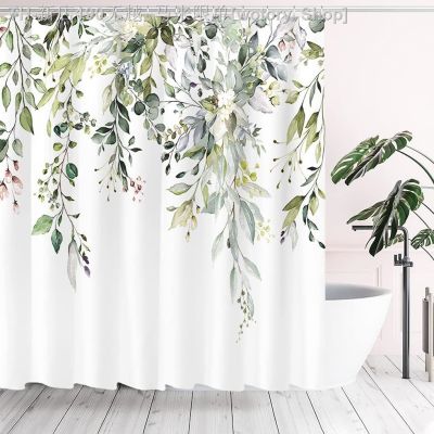 【CW】﹊✽  Eucalyptus Watercolor Leaves Shower Curtain Washable Fabric Floral Partition Decorate