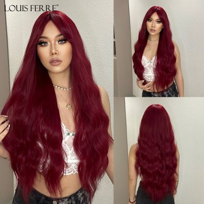 【jw】❒ LOUIS FERRE Synthetic Wigs for Wine Wavy Hair With Bangs Resistant Fake