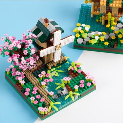 Four Season Micro Bricks Street View Sakura Windmill Building Blocks Fishermans Cottage Tree Assemble Bricks Toys For Kids Boy