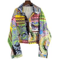 ZZOOI 2023 Autumn New Abstract Pattern Printed Denim Jacket Ladies Fashion Vintage Long Sleeve Tops Single-Breasted Coats For Female