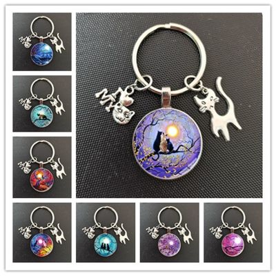 Cute Anime Cat Under Night Sky Keychain with Cat Pendent Fashion Animal Women Purse Bag Car Pendant Key Chain Ring Holder