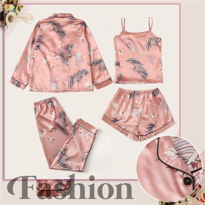 4-pieces-sleepwear-set-pajama-set-for-women-faux-silk-stain-nightwear-fashion-comfortable-sexy-sling-shorts-printed-home-clothes