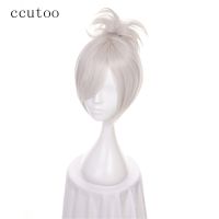 ccutoo 12" LOL Riven Silver White Short Synthetic Wig Cosplay Costume Wig With Chip Ponytail Heat Resistance Fiber Wig  Hair Extensions Pads