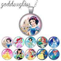 Princesses Snow white Belle Elsa Mermaid Round Glass glass cabochon silver plated/Crystal pendant necklace jewelry for Gift