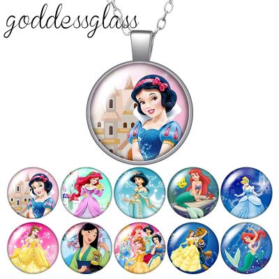 Princesses Snow white Belle Elsa Mermaid Round Glass glass cabochon silver plated/Crystal pendant necklace jewelry for Gift