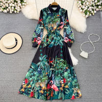 Gorgeous Senior Sense of Retro Temperament Long-sleeved Lapel Slim Single-breasted Floral A-line Dress Elegant Long Skirt