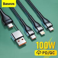 Baseus 3 in 1 สาย USB Type C PD 100W Fast Charging Date Cable สำหรับ 13 12 11 Pro Micro USB C สายไฟสำหรับ Xiaomi826