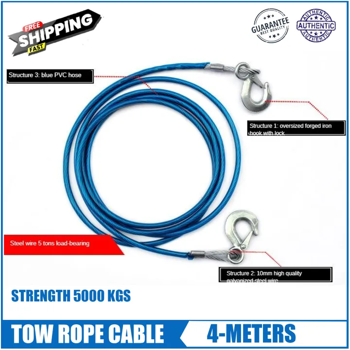 Heavy Duty 5 Tons 4 Meter Steel Wire Tow Rope Cable Towing Pull Strap