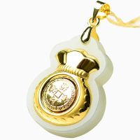 Natural Hetian Jade Pendant Good Luck Rotate Money Come Bag 24K Chinese Yellow Gold Necklace Lovers Lucky Amulet Fine Jewelry