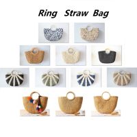 2023 Handmade Cotton Linen Beach Bag Weaving Bamboo Bag Wood Top-handle Handbags Ladies Round Straw Bag Moon Shaped Wrapped Bags