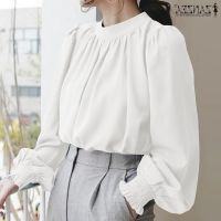 COD dhdfxcz ZANZEA Women Fashion Casual Solid Color Puff Sleeve O Neck Smocking Retro Blouse