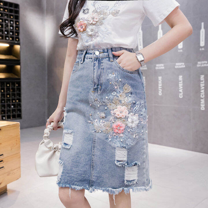 2022 summer new denim skirt midskirt onestep skirt slit comfortable