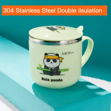 Children's straw insulated cup, learning drink cup, 316 stainless steel  water cup, student cartoon handle cup