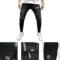 Streetwear MenS Jeans Knee Hole Ripped Embroidery Jeans Trousers Slim Men Jeans Pants