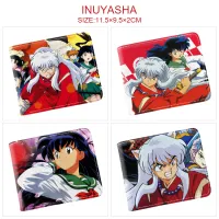 Inuyasha กระเป๋าเงินหนัง PU คลิปเงินตัวการ์ตูนสำหรับเด็กหญิงเด็กชายผู้ชายผู้หญิงกระเป๋าเงินใส่เหรียญทรงสั้นที่ใส่นามบัตรมีลายอนิเมะแบบสองพับ/มีซิปสำหรับเด็กเสื้อยืด0000