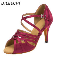 DILEECHI Latin Dance รองเท้าผู้หญิงซาตินคุณภาพสูงสีไวน์แดงส้น85มม. Soft Outsole