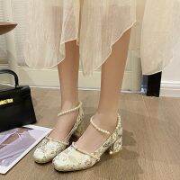 COD National style embroidered thick heel high-heeled shoes womens Pearl 2022 autumn new all-match cheongsam Hanfu single shoes for women LETZ