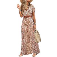 ZZOOI New Fashion Womens Summer V-neck Boho Belted Long Maxi Dress Ladies Beach Holiday Sundress Dress Sexy Dress With Belt